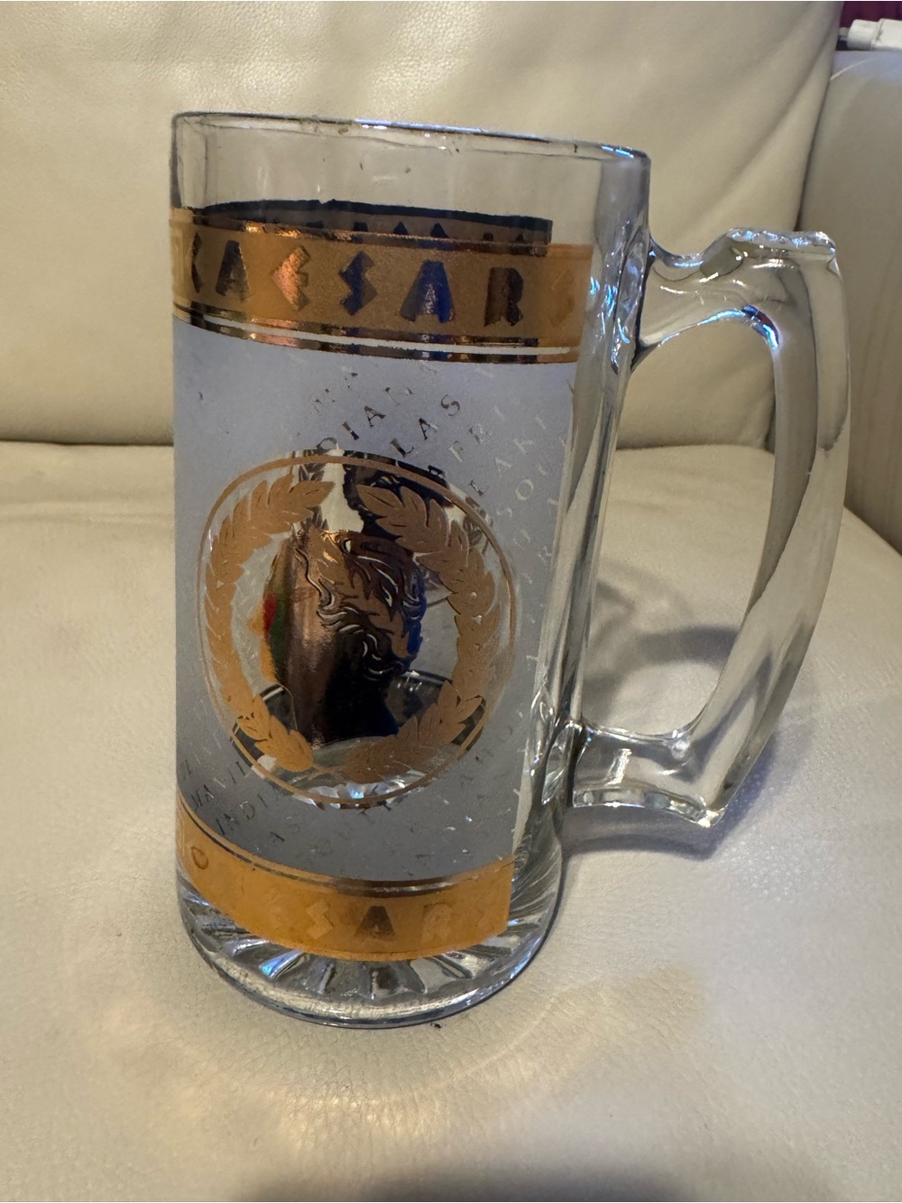 Gold-Trim Caesar Glass Beer Stein Mug
